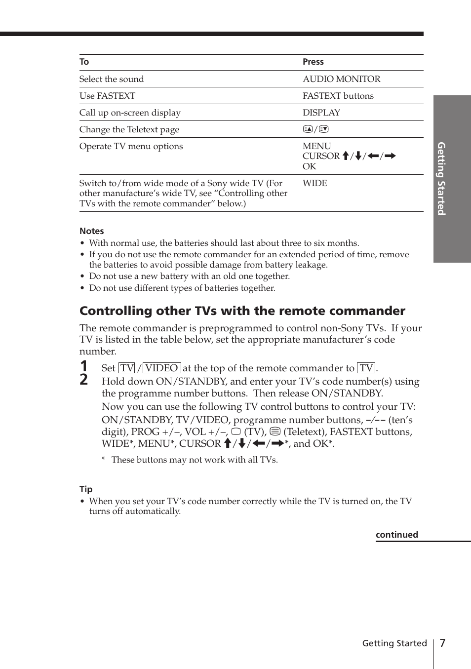 Controlling other tvs with the remote commander | Sony SLV-E580EG User Manual | Page 7 / 72