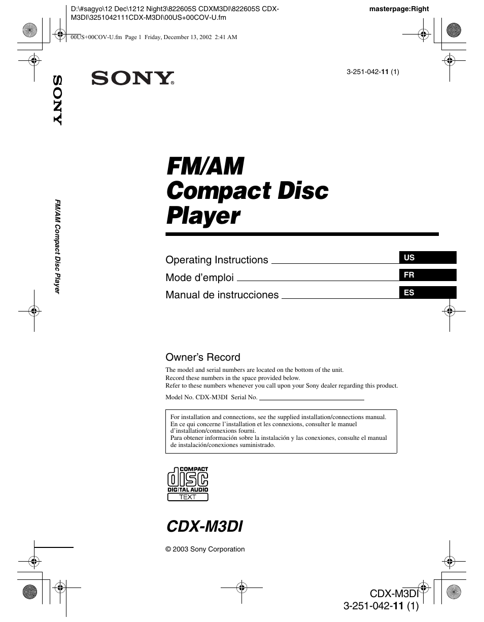 Sony CDX-M3DI User Manual | 36 pages