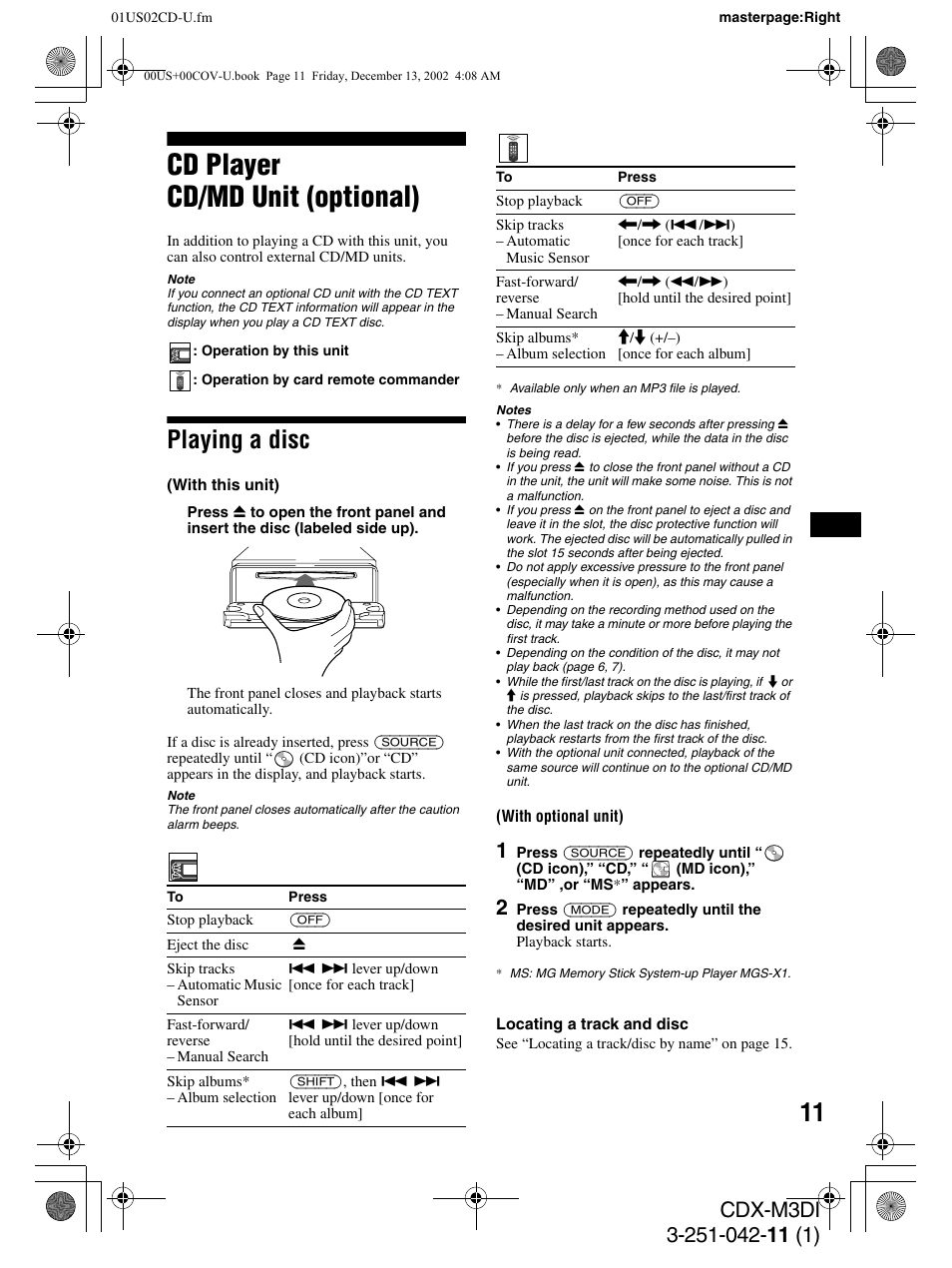 Cd player cd/md unit (optional), Playing a disc | Sony CDX-M3DI User Manual | Page 11 / 36