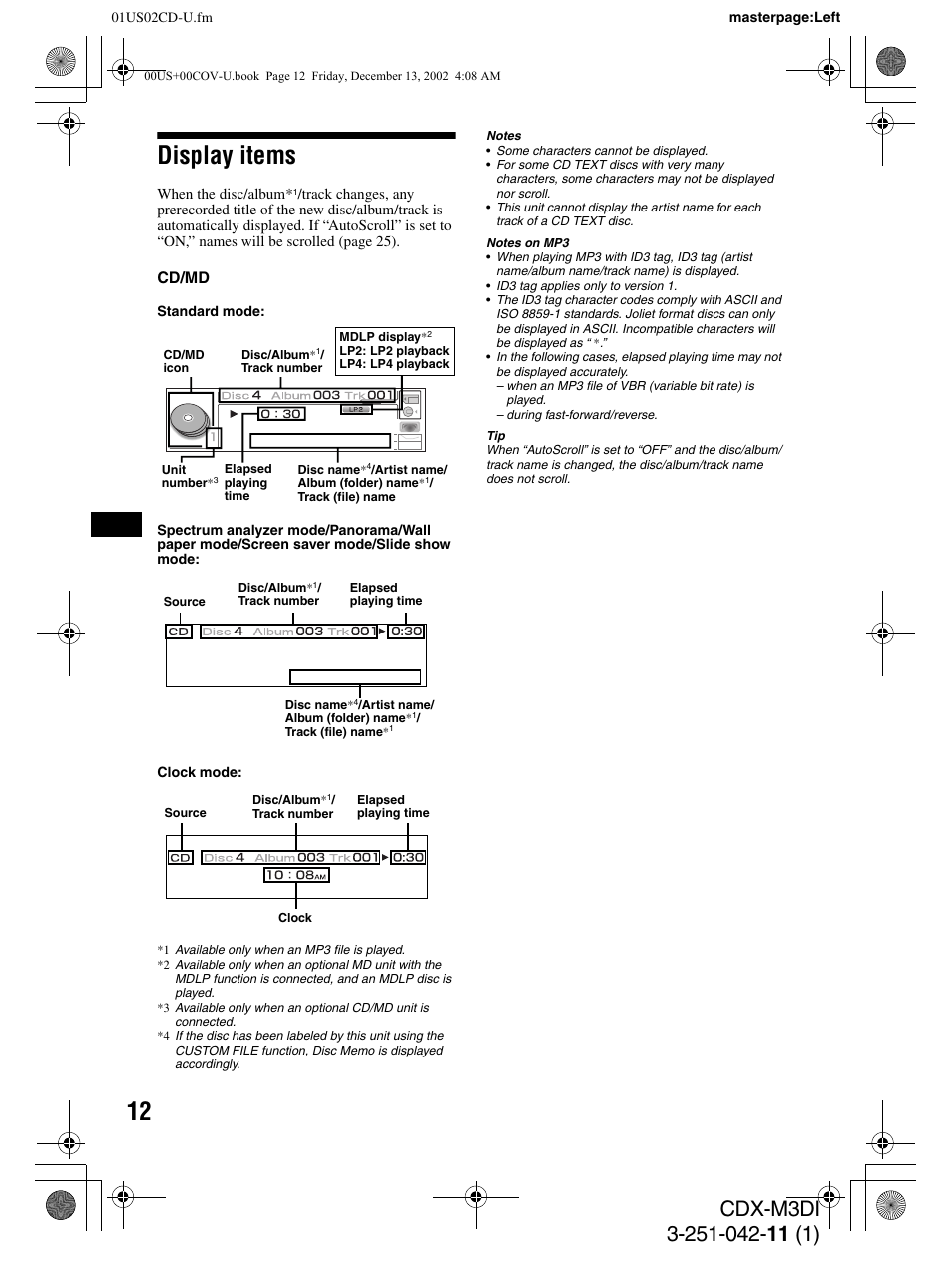 Display items, Cd/md | Sony CDX-M3DI User Manual | Page 12 / 36