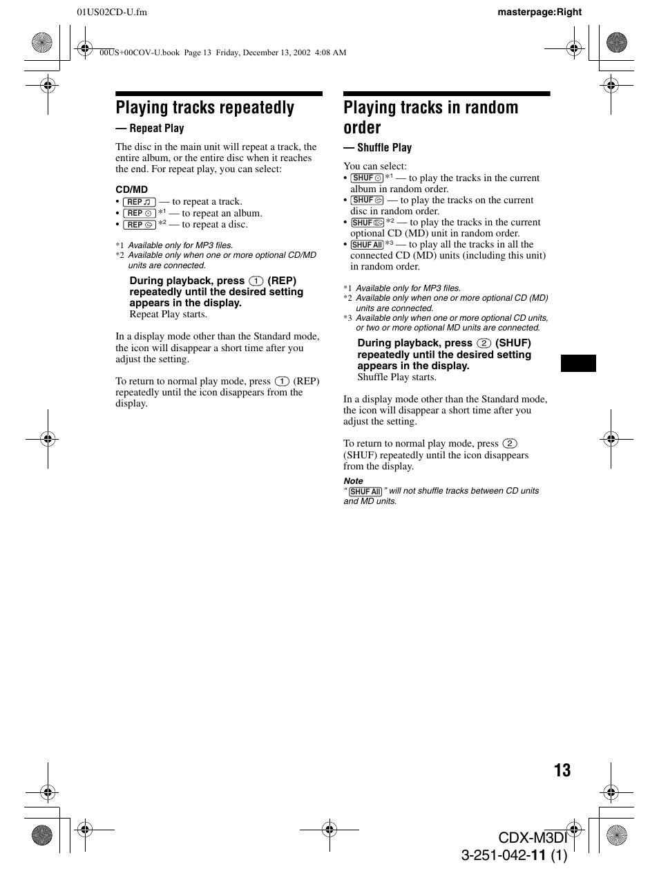 Playing tracks repeatedly, Playing tracks in random order | Sony CDX-M3DI User Manual | Page 13 / 36