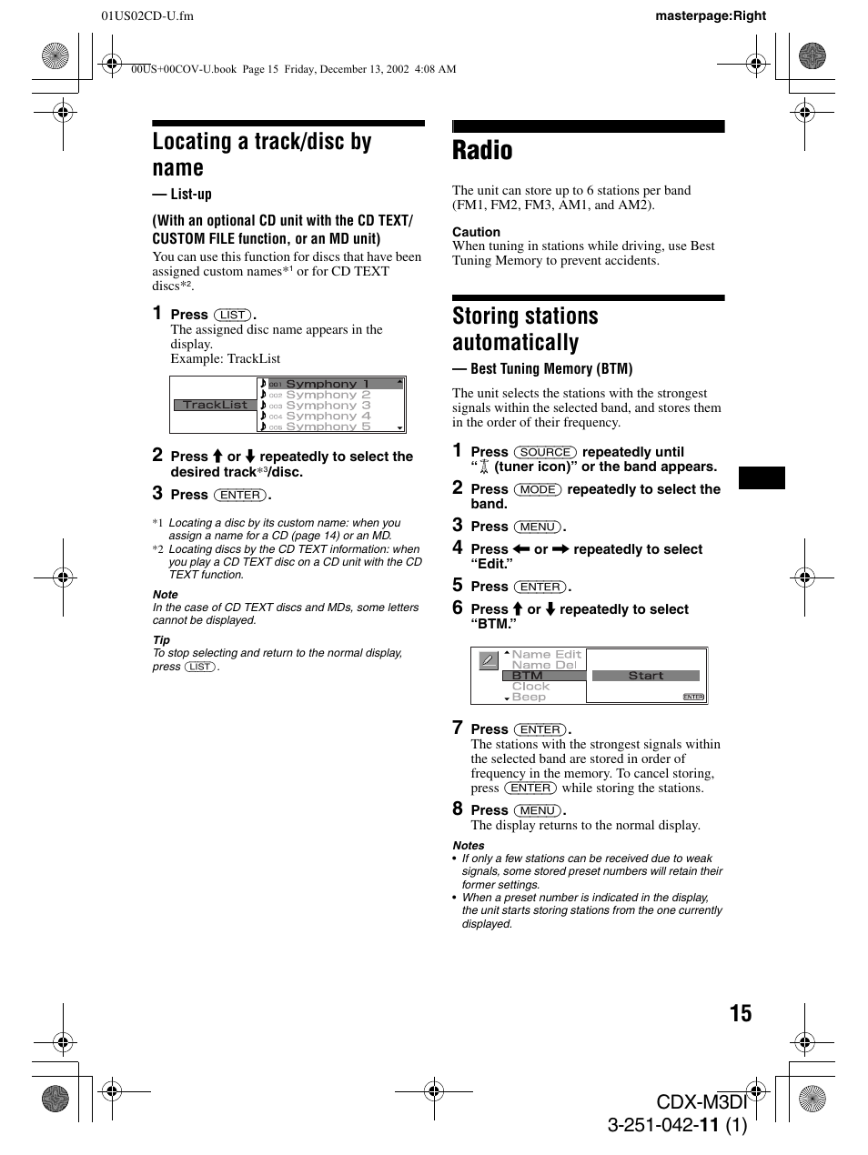 Radio, Locating a track/disc by name, Storing stations automatically | Sony CDX-M3DI User Manual | Page 15 / 36