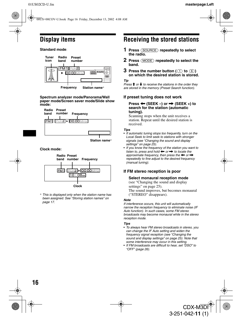 Display items, Receiving the stored stations | Sony CDX-M3DI User Manual | Page 16 / 36