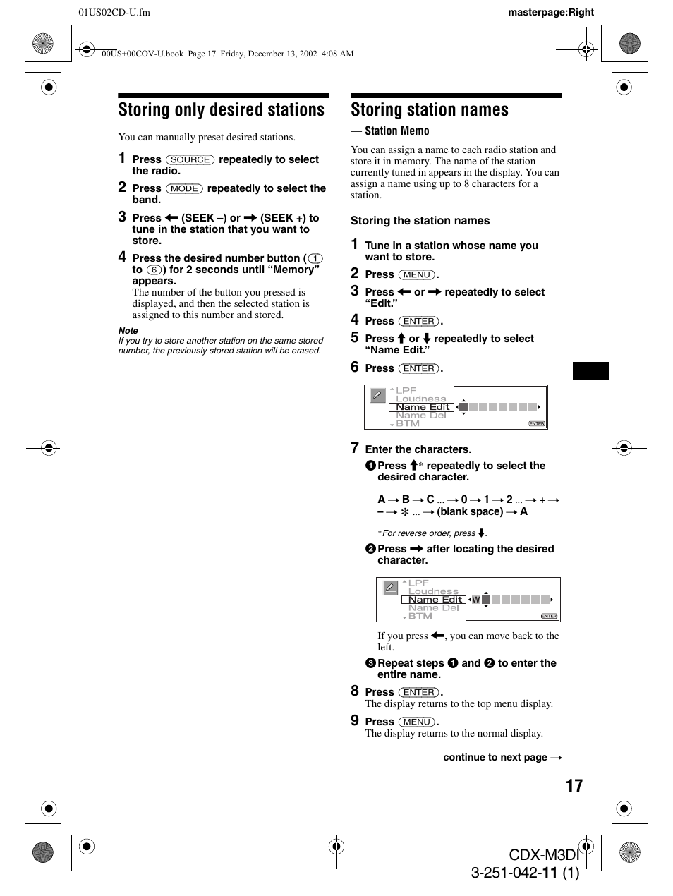 Storing only desired stations, Storing station names | Sony CDX-M3DI User Manual | Page 17 / 36
