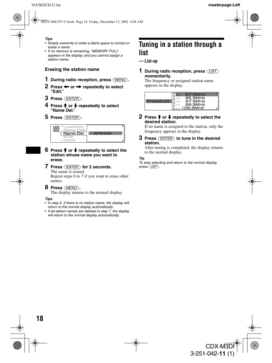Tuning in a station through a list | Sony CDX-M3DI User Manual | Page 18 / 36