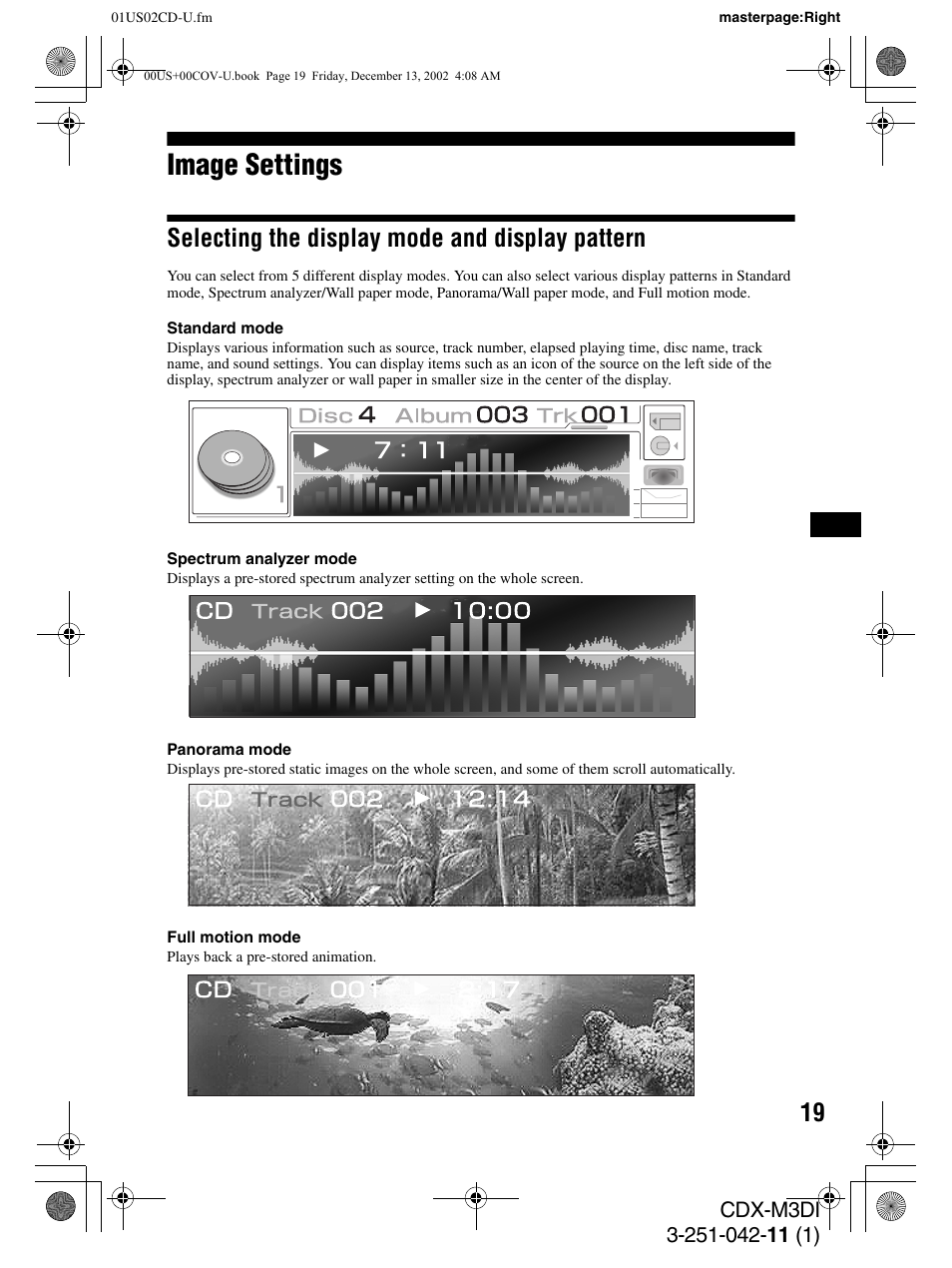 Image settings, Selecting the display mode and display pattern | Sony CDX-M3DI User Manual | Page 19 / 36