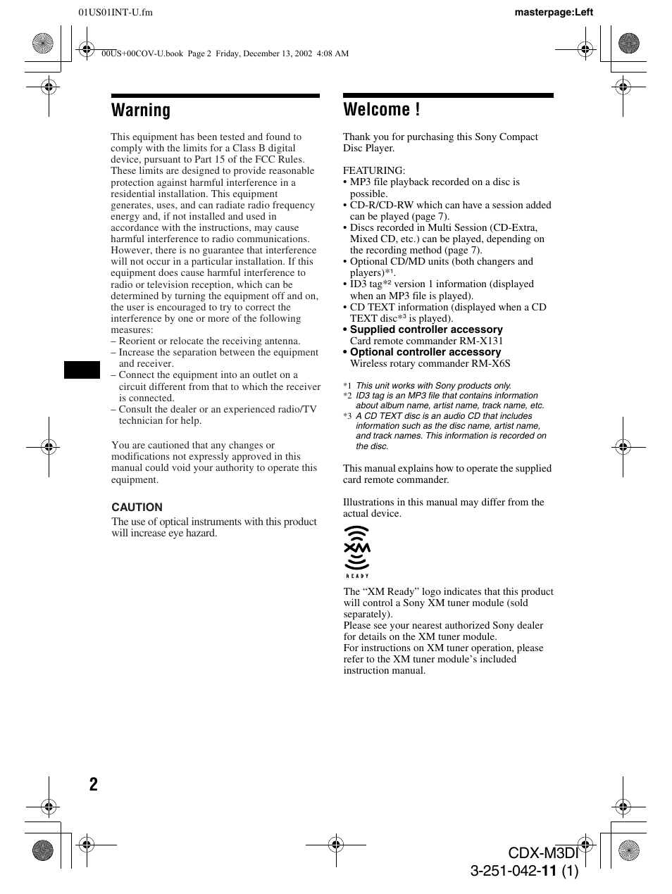 Welcome, Warning | Sony CDX-M3DI User Manual | Page 2 / 36