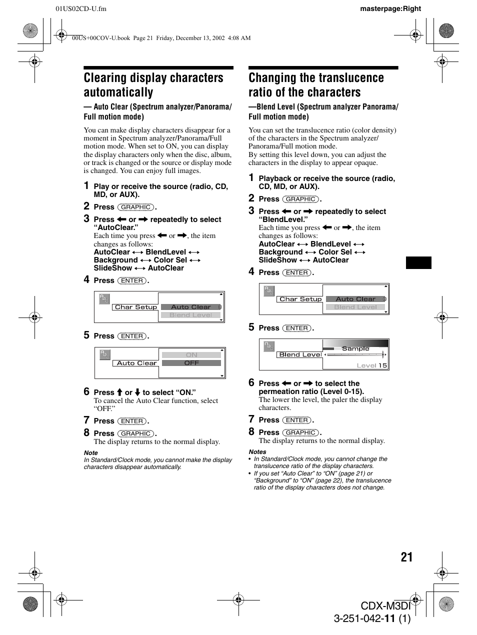 Clearing display characters automatically, Changing the translucence ratio of the characters | Sony CDX-M3DI User Manual | Page 21 / 36