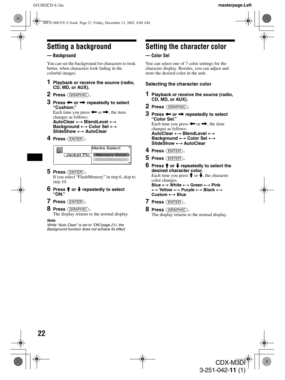 Setting a background, Setting the character color | Sony CDX-M3DI User Manual | Page 22 / 36