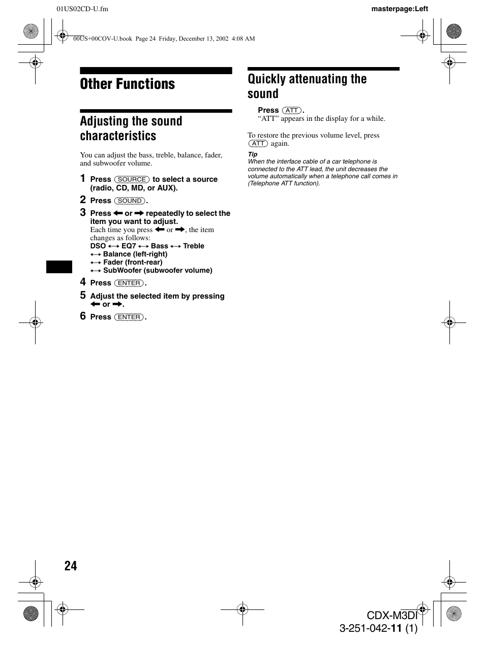 Other functions, Adjusting the sound characteristics, Quickly attenuating the sound | Sony CDX-M3DI User Manual | Page 24 / 36