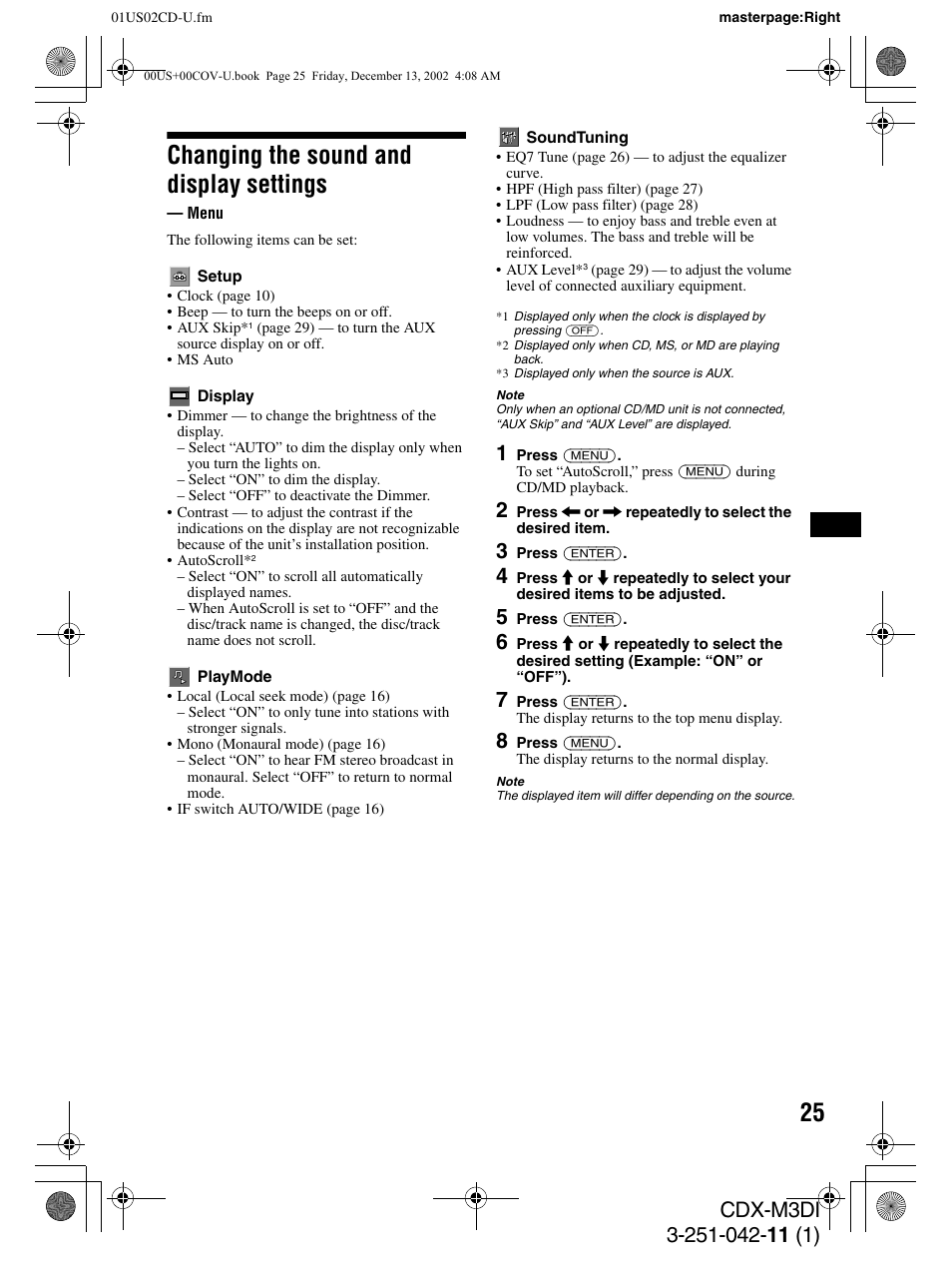 Changing the sound and display settings | Sony CDX-M3DI User Manual | Page 25 / 36