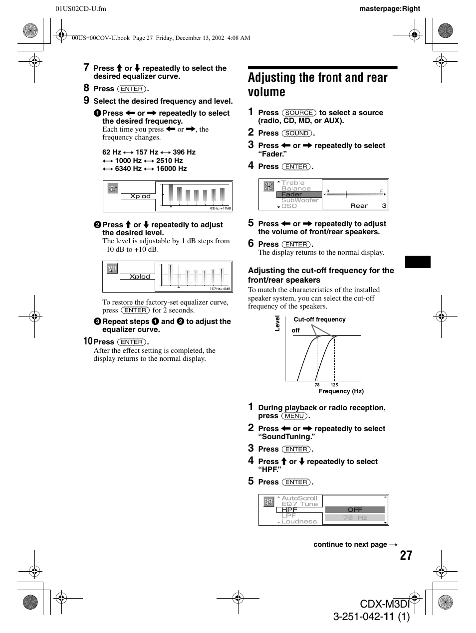 Adjusting the front and rear volume | Sony CDX-M3DI User Manual | Page 27 / 36