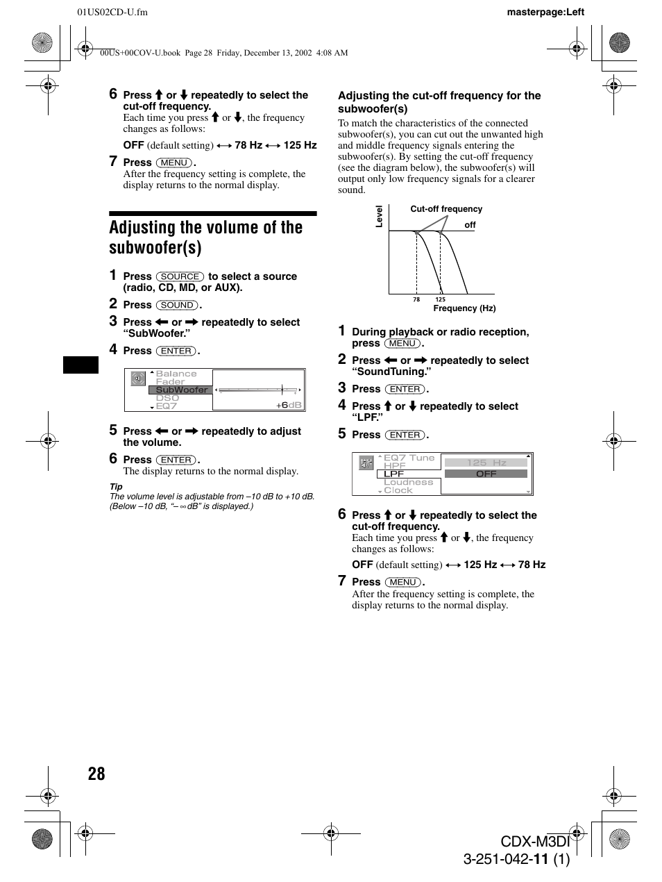 Adjusting the volume of the subwoofer(s) | Sony CDX-M3DI User Manual | Page 28 / 36
