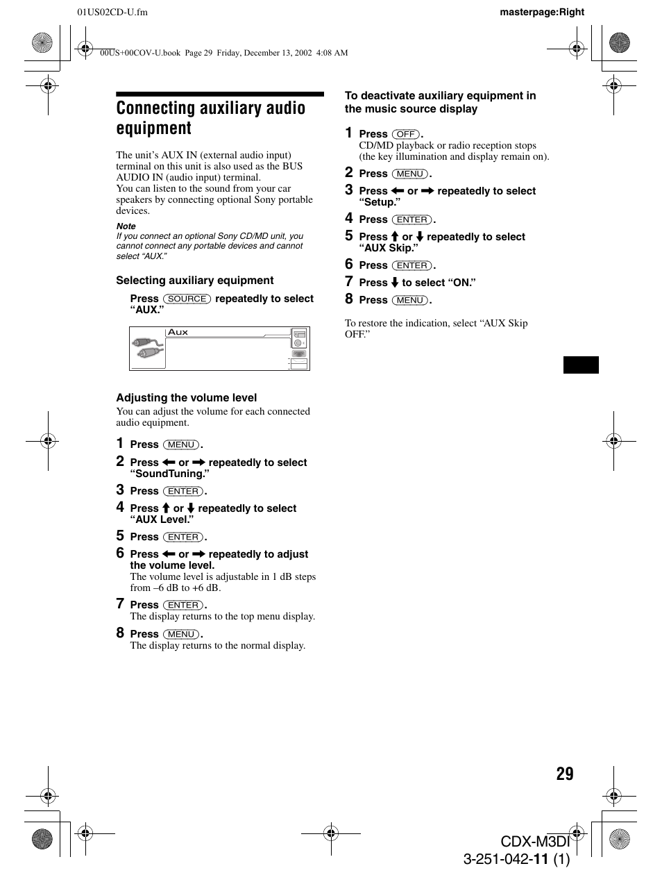 Connecting auxiliary audio equipment | Sony CDX-M3DI User Manual | Page 29 / 36