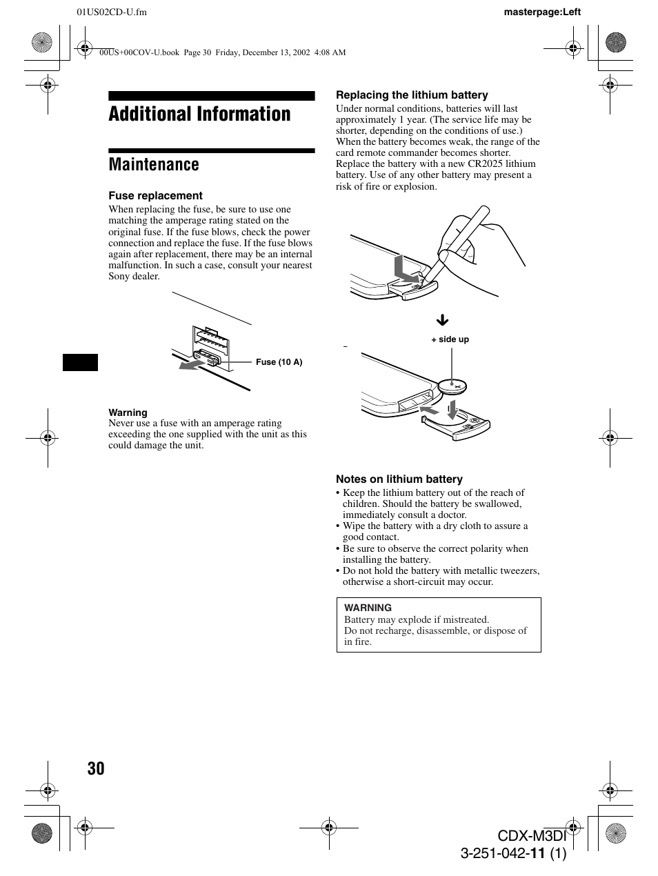 Additional information, Maintenance | Sony CDX-M3DI User Manual | Page 30 / 36