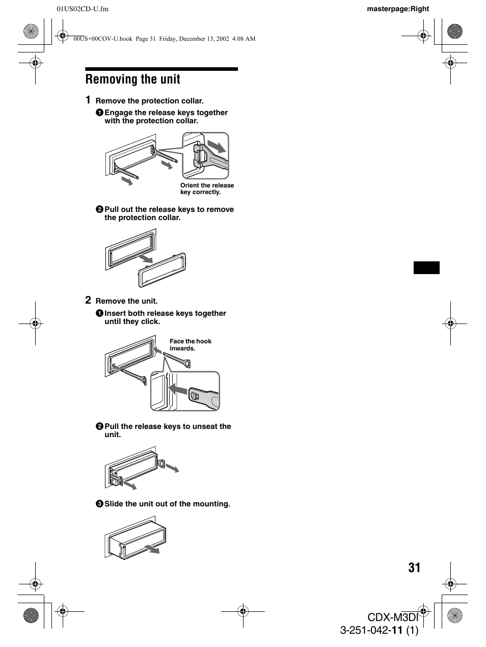 Removing the unit | Sony CDX-M3DI User Manual | Page 31 / 36