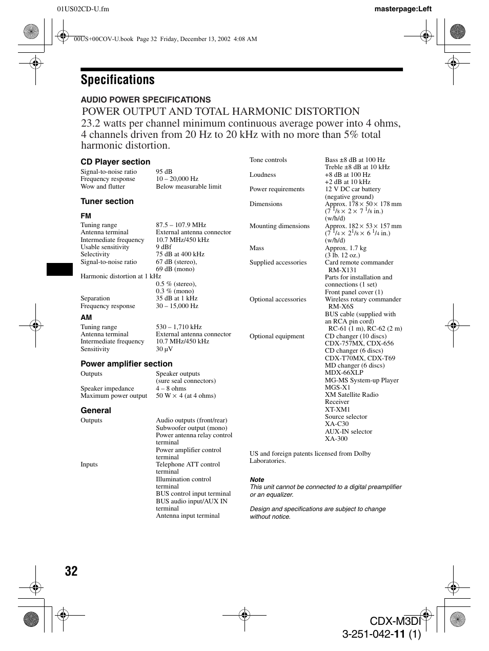 Specifications | Sony CDX-M3DI User Manual | Page 32 / 36