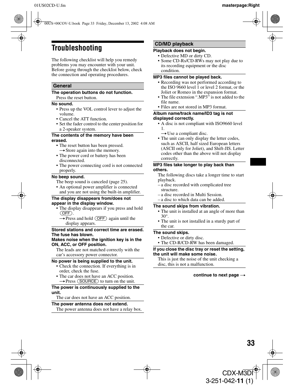 Troubleshooting | Sony CDX-M3DI User Manual | Page 33 / 36