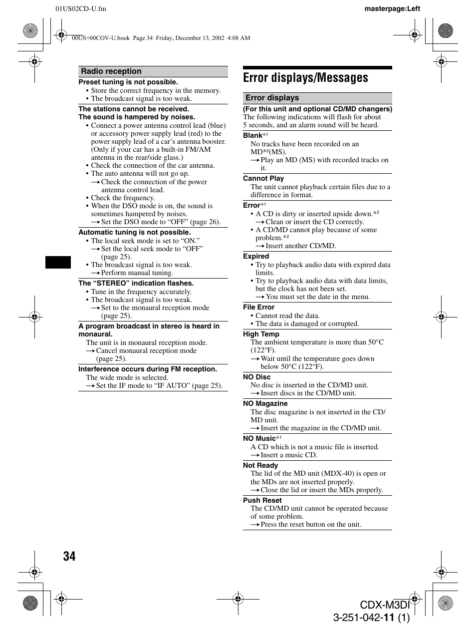 Error displays/messages | Sony CDX-M3DI User Manual | Page 34 / 36
