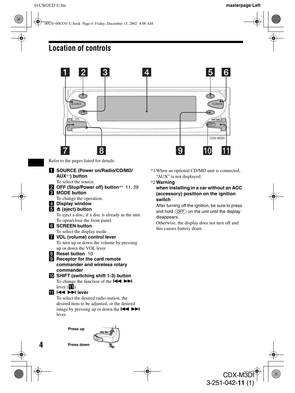 Location of controls | Sony CDX-M3DI User Manual | Page 4 / 36