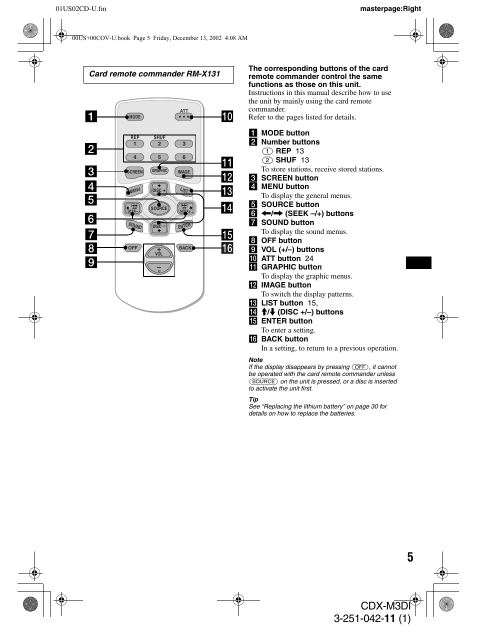 Sony CDX-M3DI User Manual | Page 5 / 36