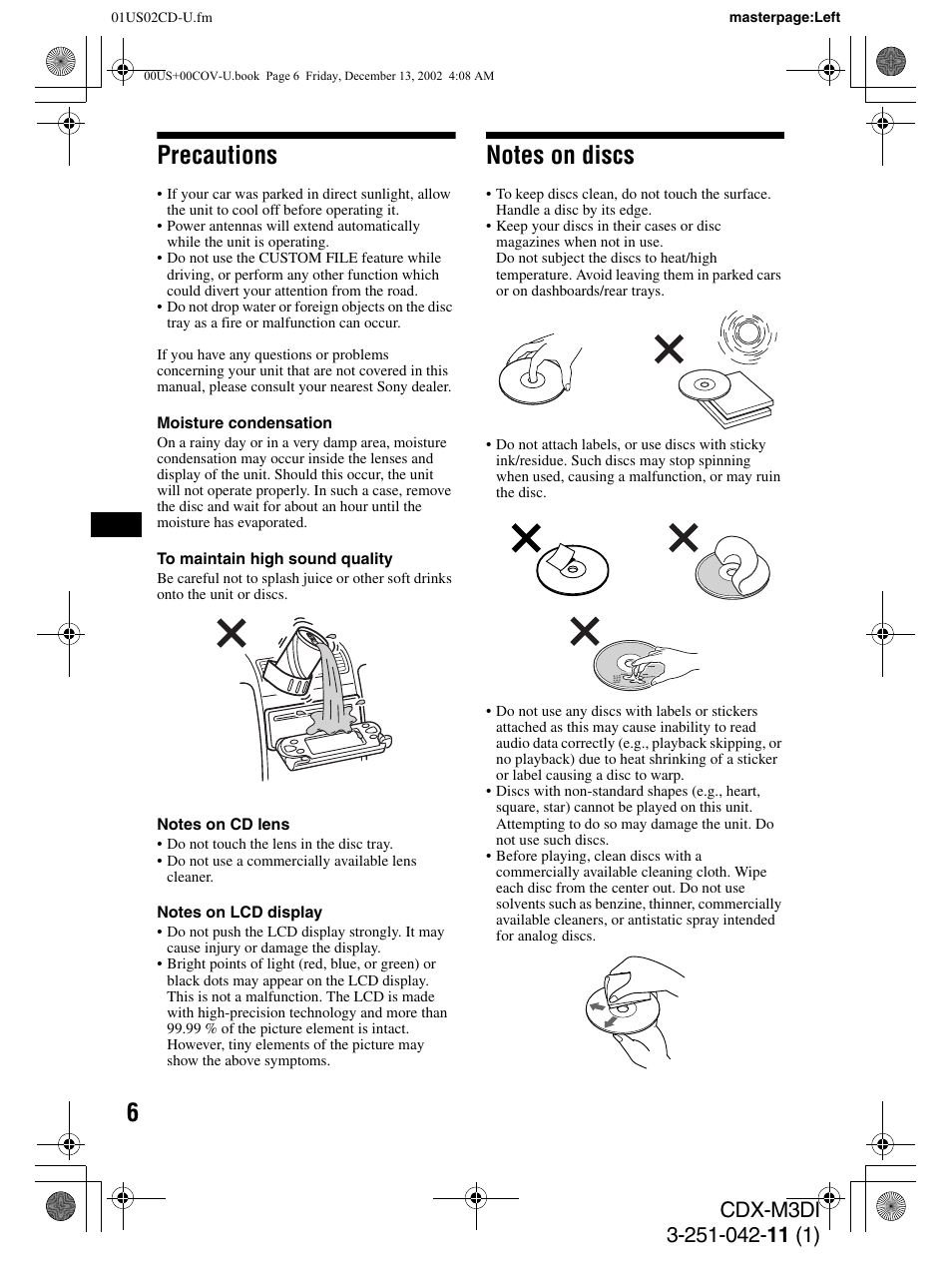 Precautions | Sony CDX-M3DI User Manual | Page 6 / 36