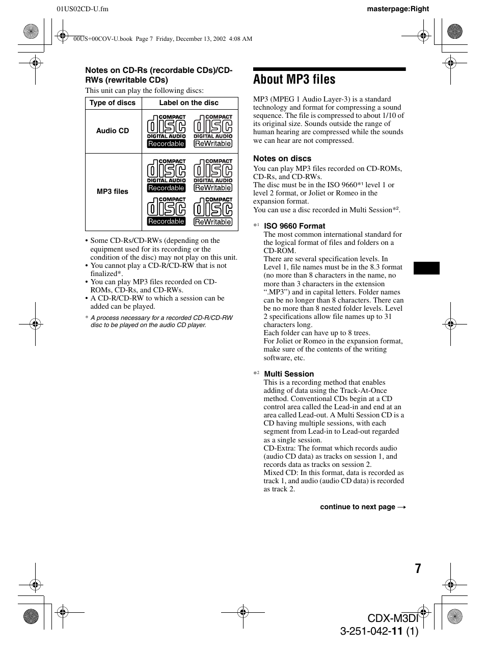 About mp3 files | Sony CDX-M3DI User Manual | Page 7 / 36