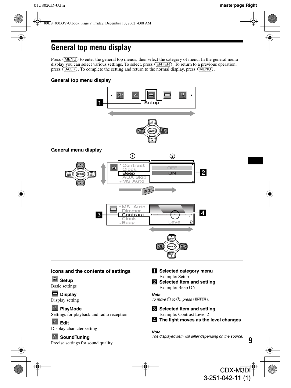General top menu display | Sony CDX-M3DI User Manual | Page 9 / 36