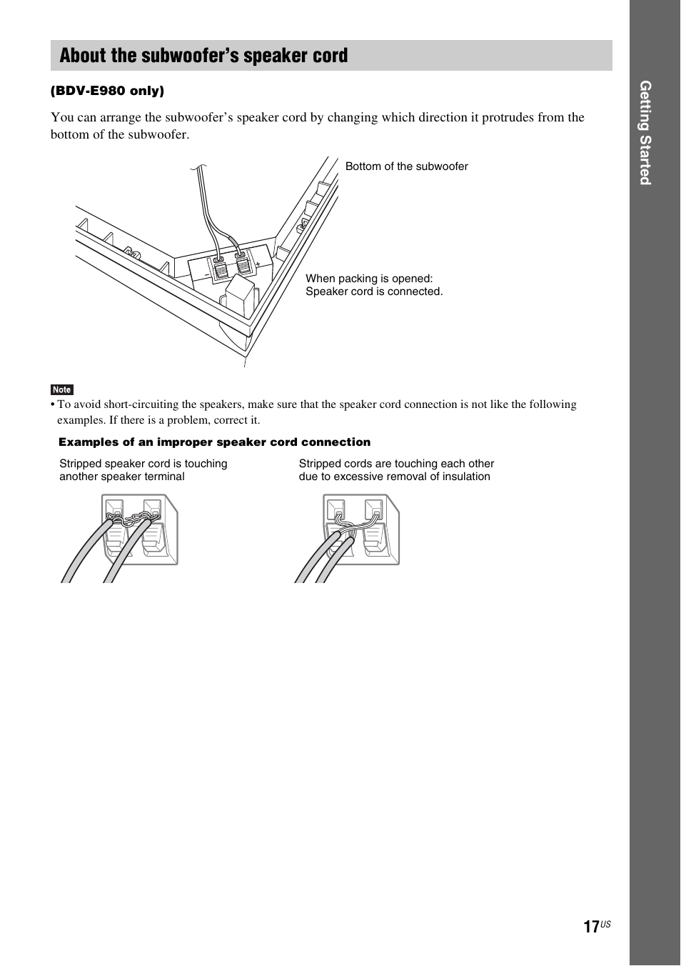 About the subwoofer’s speaker cord | Sony BDVE580 User Manual | Page 17 / 80