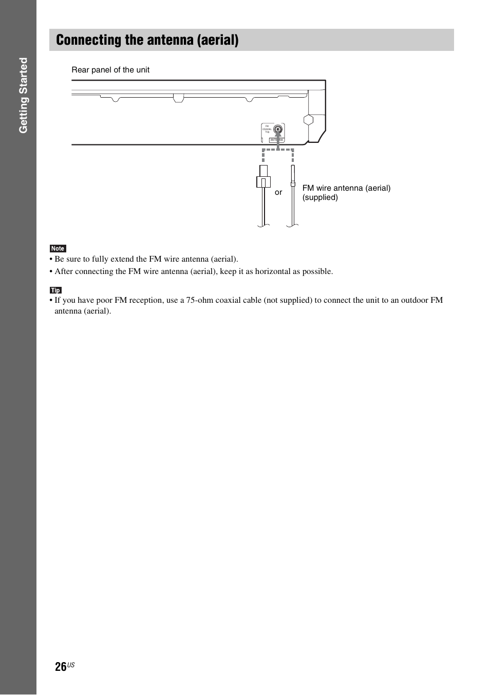 Connecting the antenna (aerial), E 26), Gettin g star ted | Sony BDVE580 User Manual | Page 26 / 80