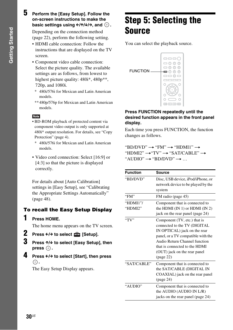 Step 5: selecting the source, Ages 30, 45) | Sony BDVE580 User Manual | Page 30 / 80