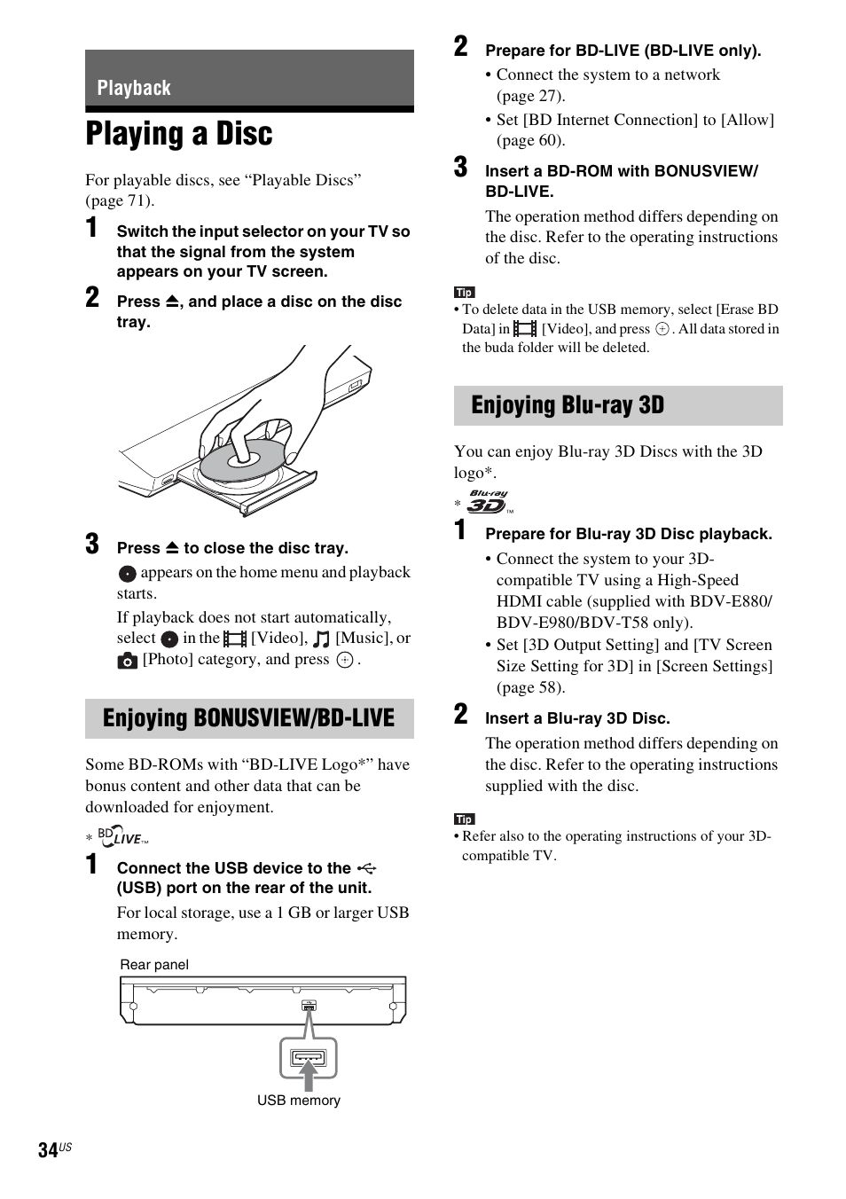 Playback, Playing a disc, Enjoying bonusview/bd-live | Enjoying blu-ray 3d, E 34, Es 34 | Sony BDVE580 User Manual | Page 34 / 80