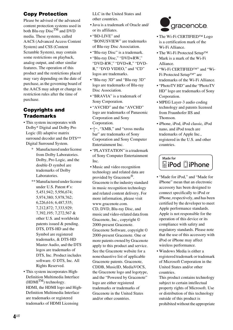 Copy protection, Copyrights and trademarks | Sony BDVE580 User Manual | Page 4 / 80