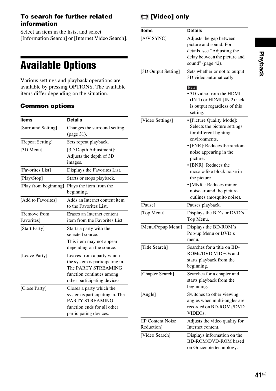 Available options | Sony BDVE580 User Manual | Page 41 / 80