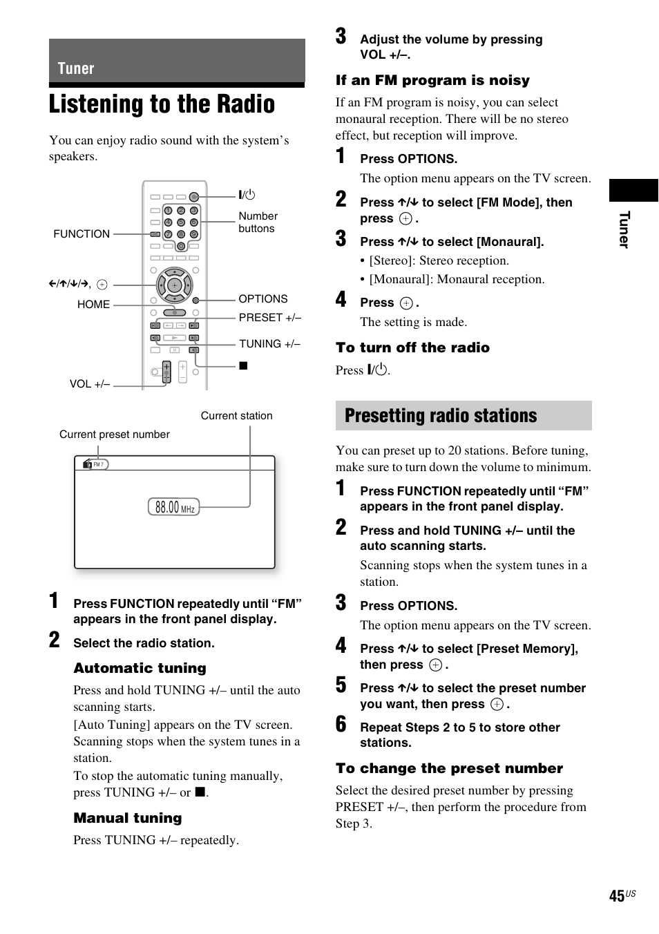 Tuner, Listening to the radio, Presetting radio stations | E 45) | Sony BDVE580 User Manual | Page 45 / 80