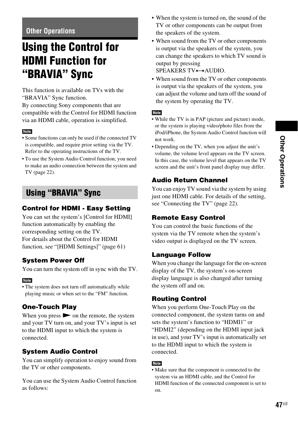 Other operations, Using “bravia” sync, Using the control for hdmi function for | Bravia” sync | Sony BDVE580 User Manual | Page 47 / 80