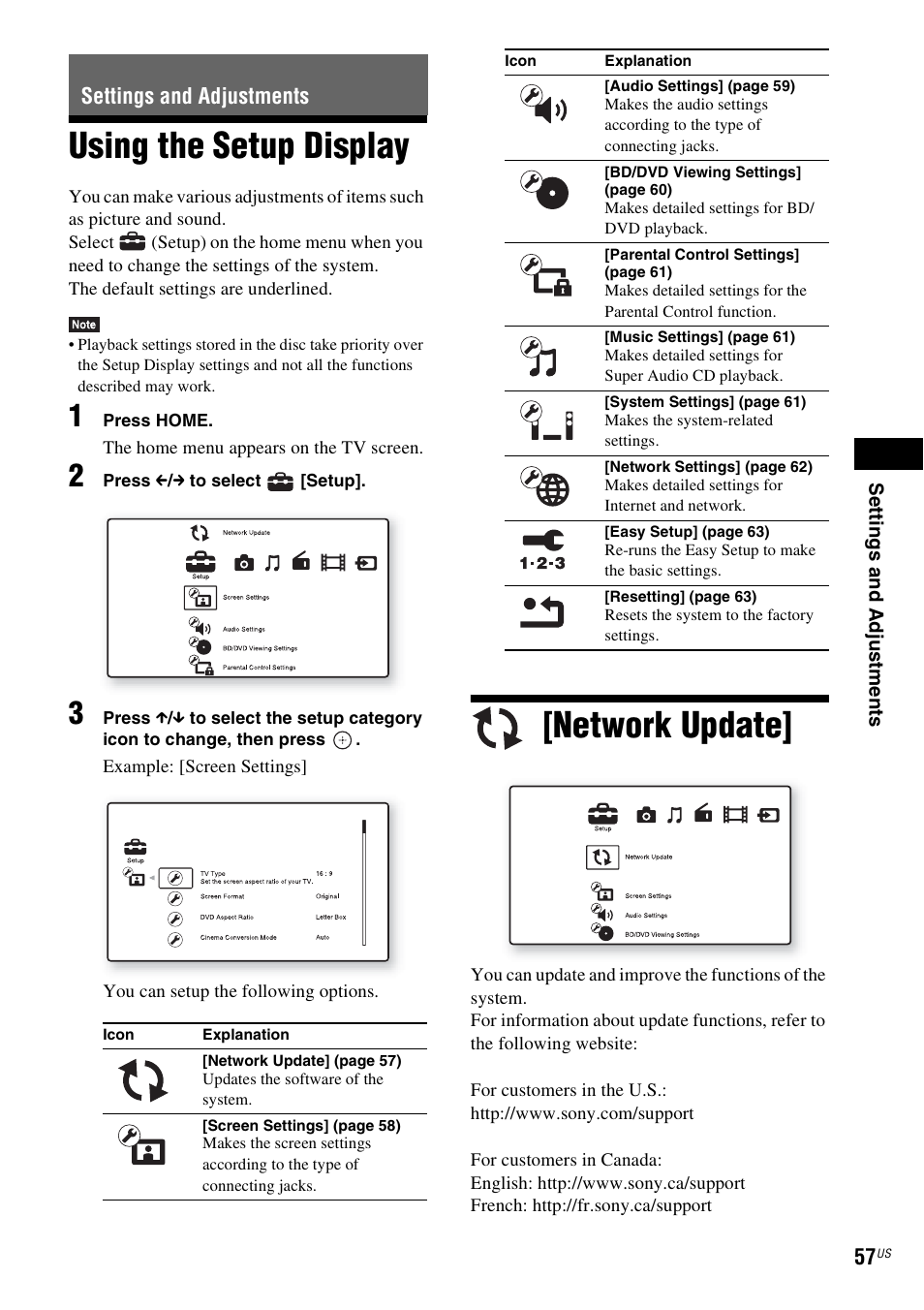 Settings and adjustments, Using the setup display, Network update | Using the setup display [network update | Sony BDVE580 User Manual | Page 57 / 80