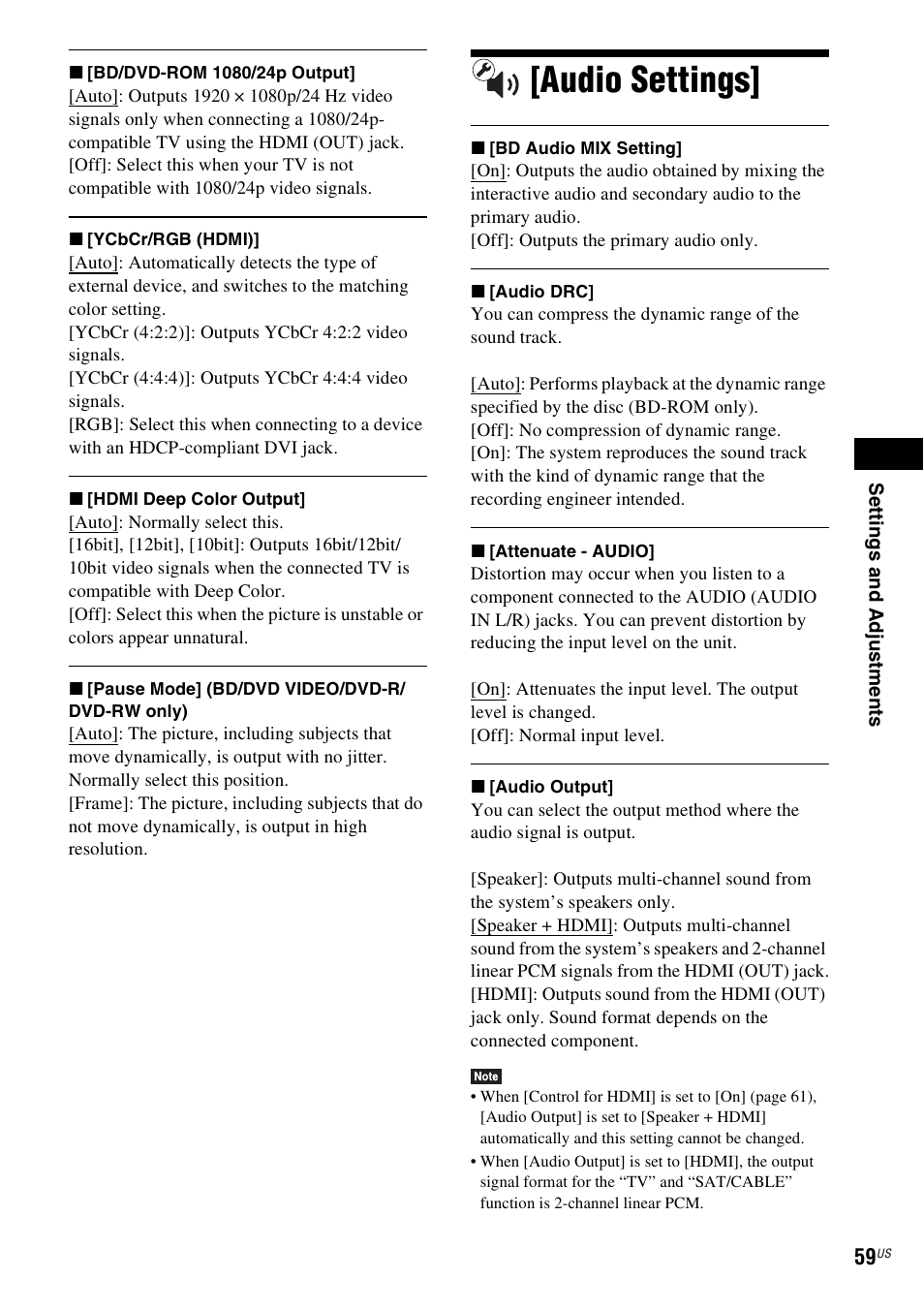 Audio settings | Sony BDVE580 User Manual | Page 59 / 80