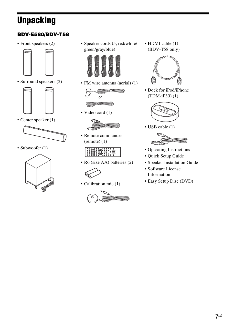 Unpacking | Sony BDVE580 User Manual | Page 7 / 80