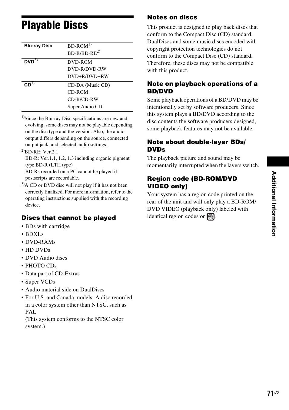 Playable discs | Sony BDVE580 User Manual | Page 71 / 80