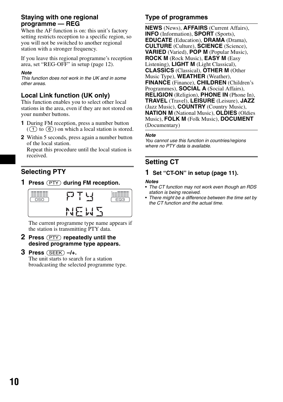 Selecting pty, Setting ct, Selecting pty setting ct | On 10 | Sony CDX-GT300S User Manual | Page 10 / 100