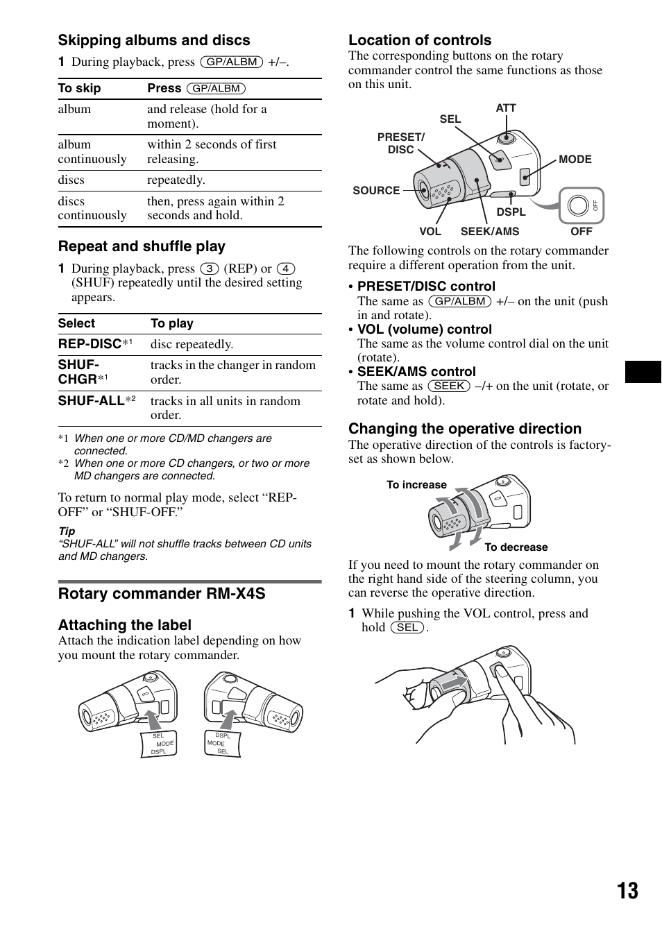 Rotary commander rm-x4s, Skipping albums and discs, Repeat and shuffle play | Attaching the label, Location of controls, Changing the operative direction | Sony CDX-GT300S User Manual | Page 13 / 100