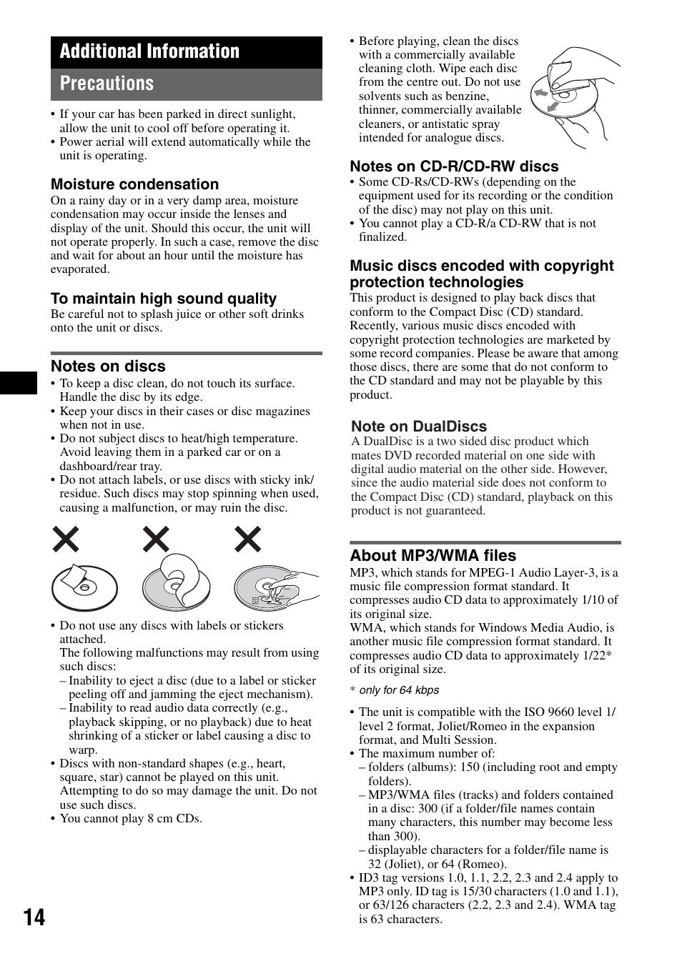 Additional information, Precautions, Notes on discs | About mp3/wma files, Notes on discs about mp3/wma files, Additional information precautions | Sony CDX-GT300S User Manual | Page 14 / 100