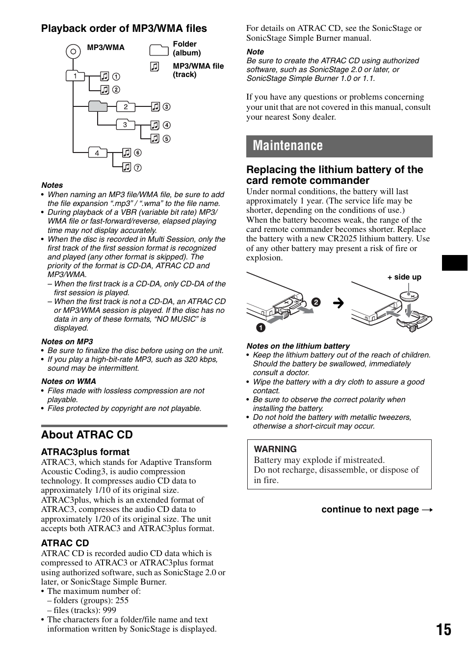 About atrac cd, Maintenance, Playback order of mp3/wma files | Sony CDX-GT300S User Manual | Page 15 / 100