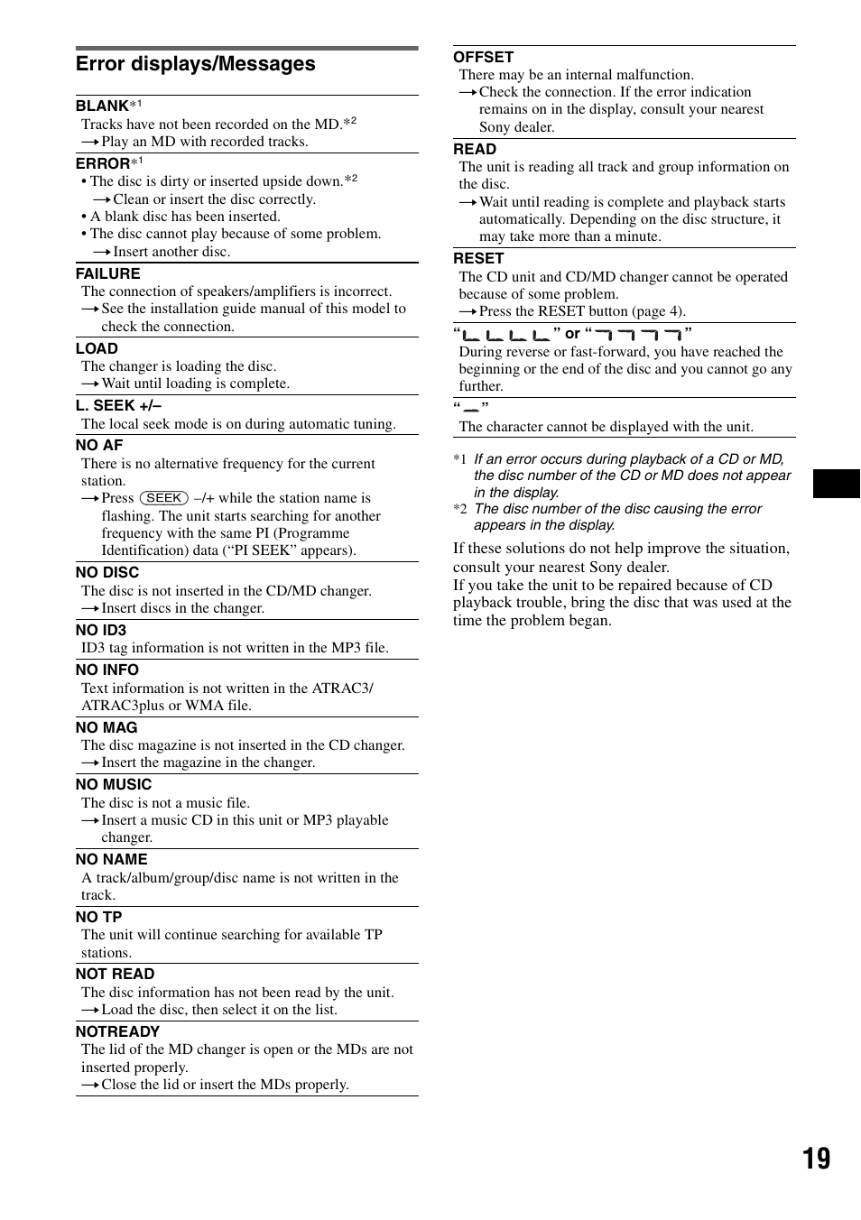 Error displays/messages | Sony CDX-GT300S User Manual | Page 19 / 100