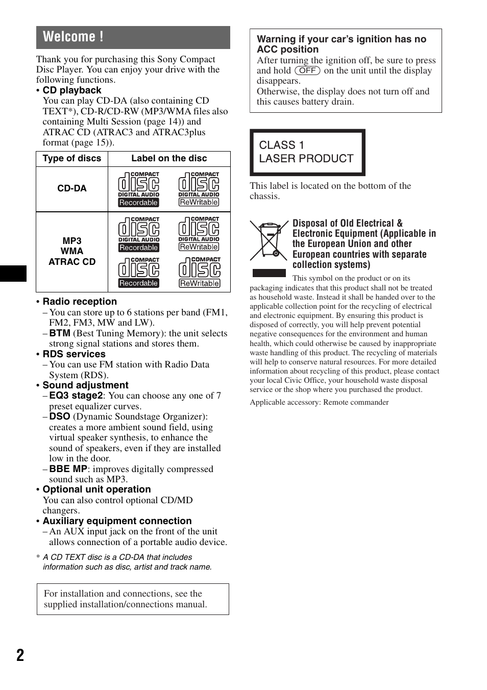 Welcome | Sony CDX-GT300S User Manual | Page 2 / 100