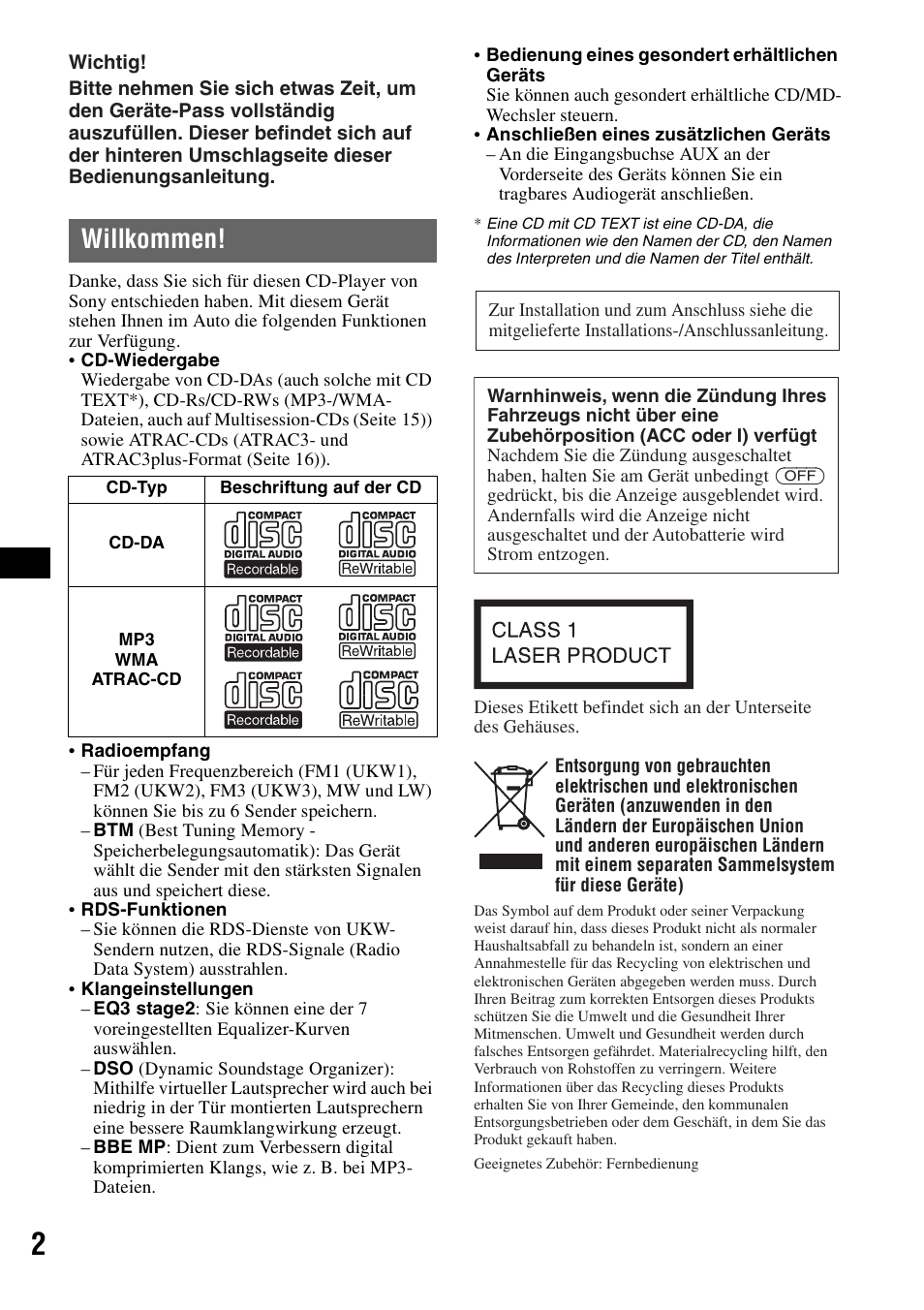 Willkommen | Sony CDX-GT300S User Manual | Page 20 / 100