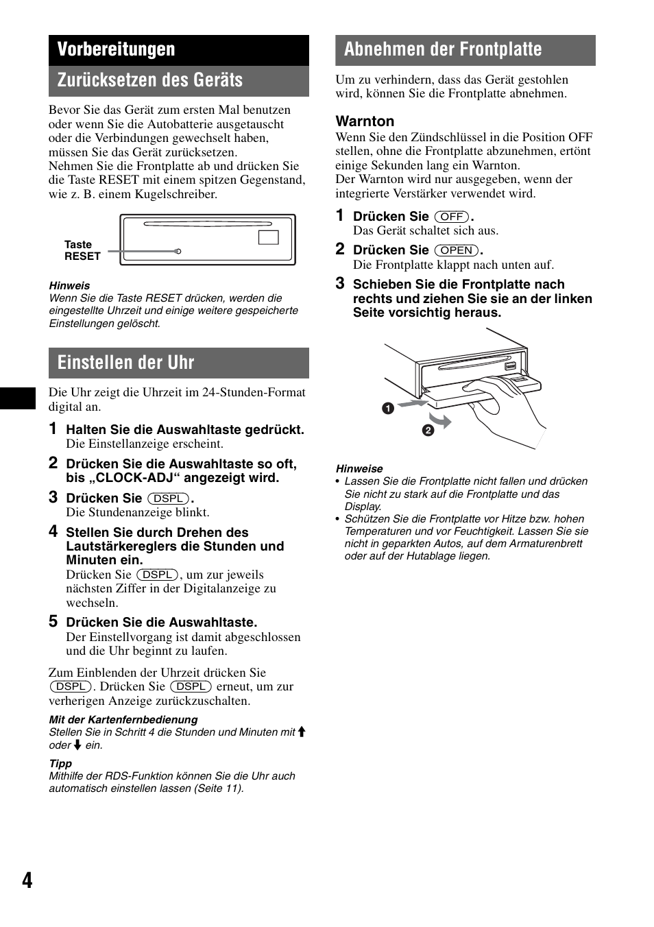 Vorbereitungen, Zurücksetzen des geräts, Einstellen der uhr | Abnehmen der frontplatte, Vorbereitungen zurücksetzen des geräts | Sony CDX-GT300S User Manual | Page 22 / 100