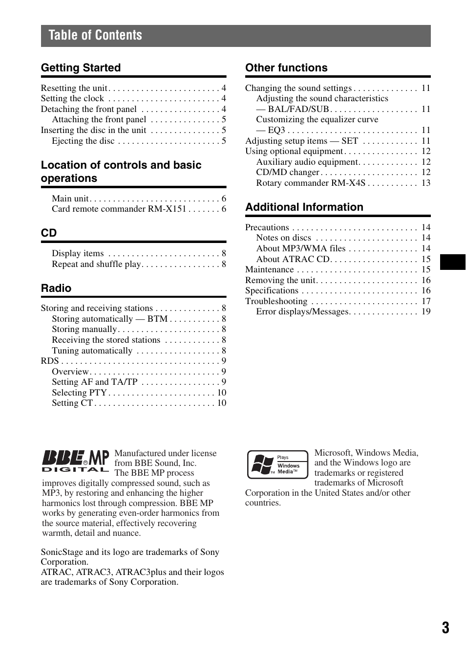 Sony CDX-GT300S User Manual | Page 3 / 100