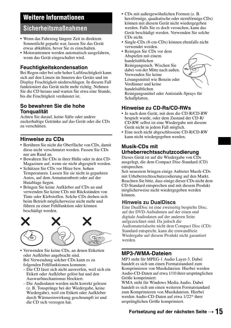 Weitere informationen, Sicherheitsmaßnahmen, Hinweise zu cds | Mp3-/wma-dateien, Hinweise zu cds mp3-/wma-dateien, Seite 15, Weitere informationen sicherheitsmaßnahmen | Sony CDX-GT300S User Manual | Page 33 / 100